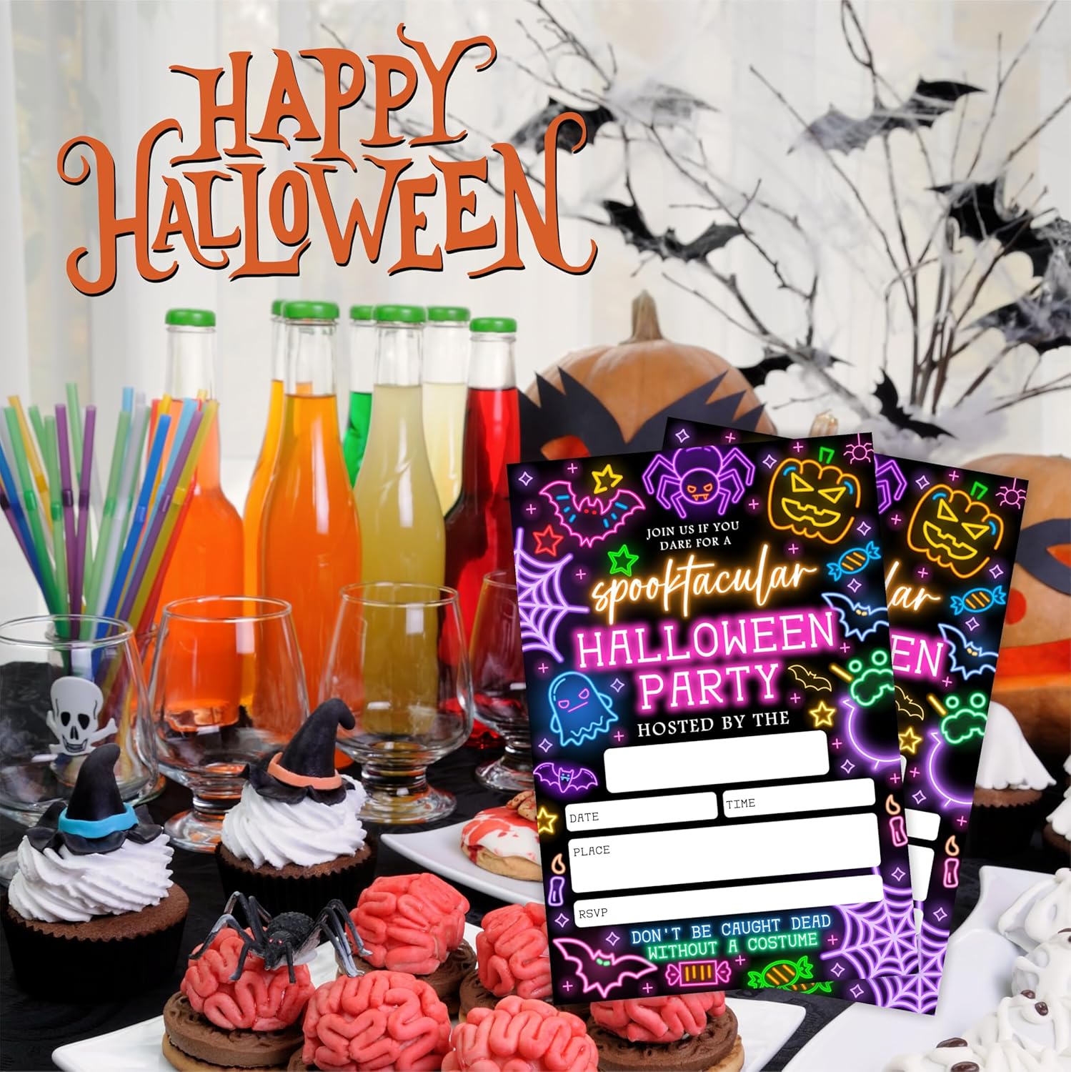 EXW Halloween Party Invitations With Envelopes - Glow Neon Spooktacular