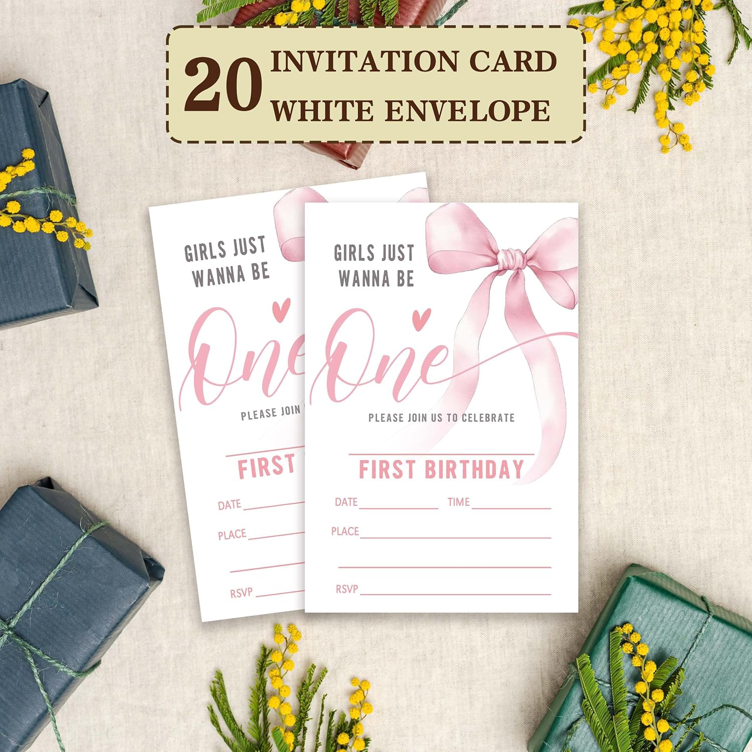 Pink Bow Birthday Invitation Cards with Envelopes