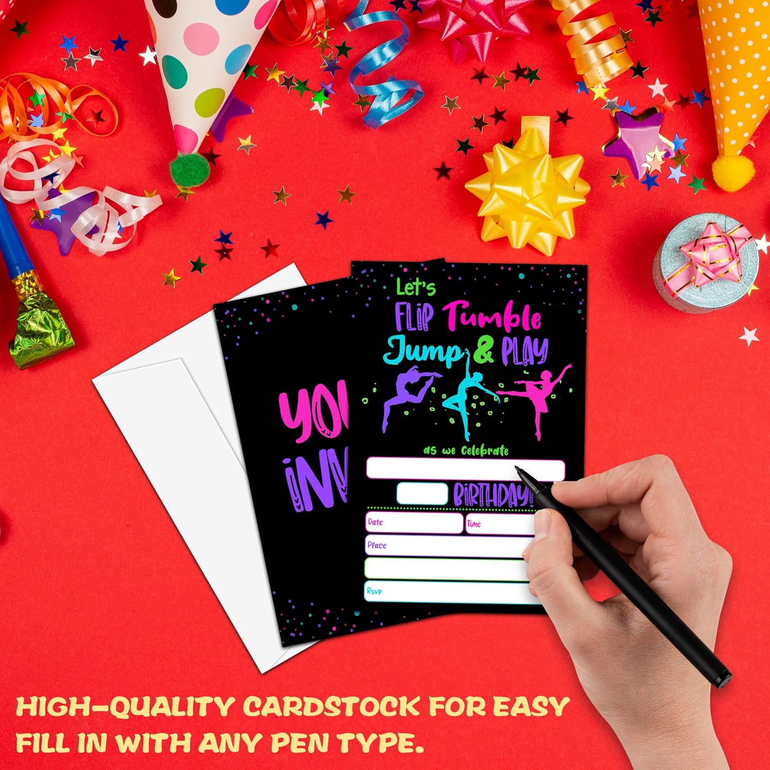 Neon Glow Gymnastics Birthday Invites for Teens