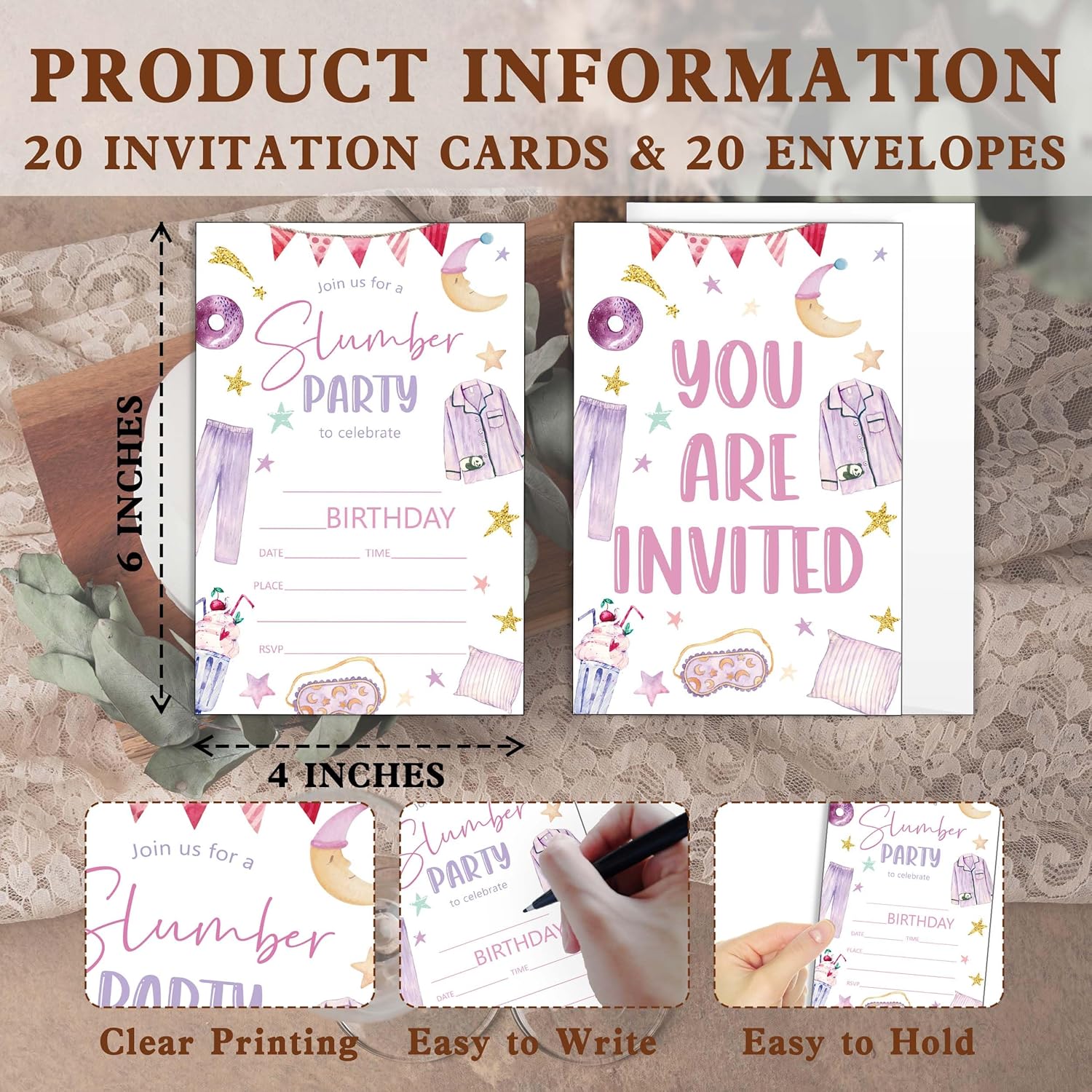 Slumber Birthday Invitations 20 PCS Pajama Party Cards