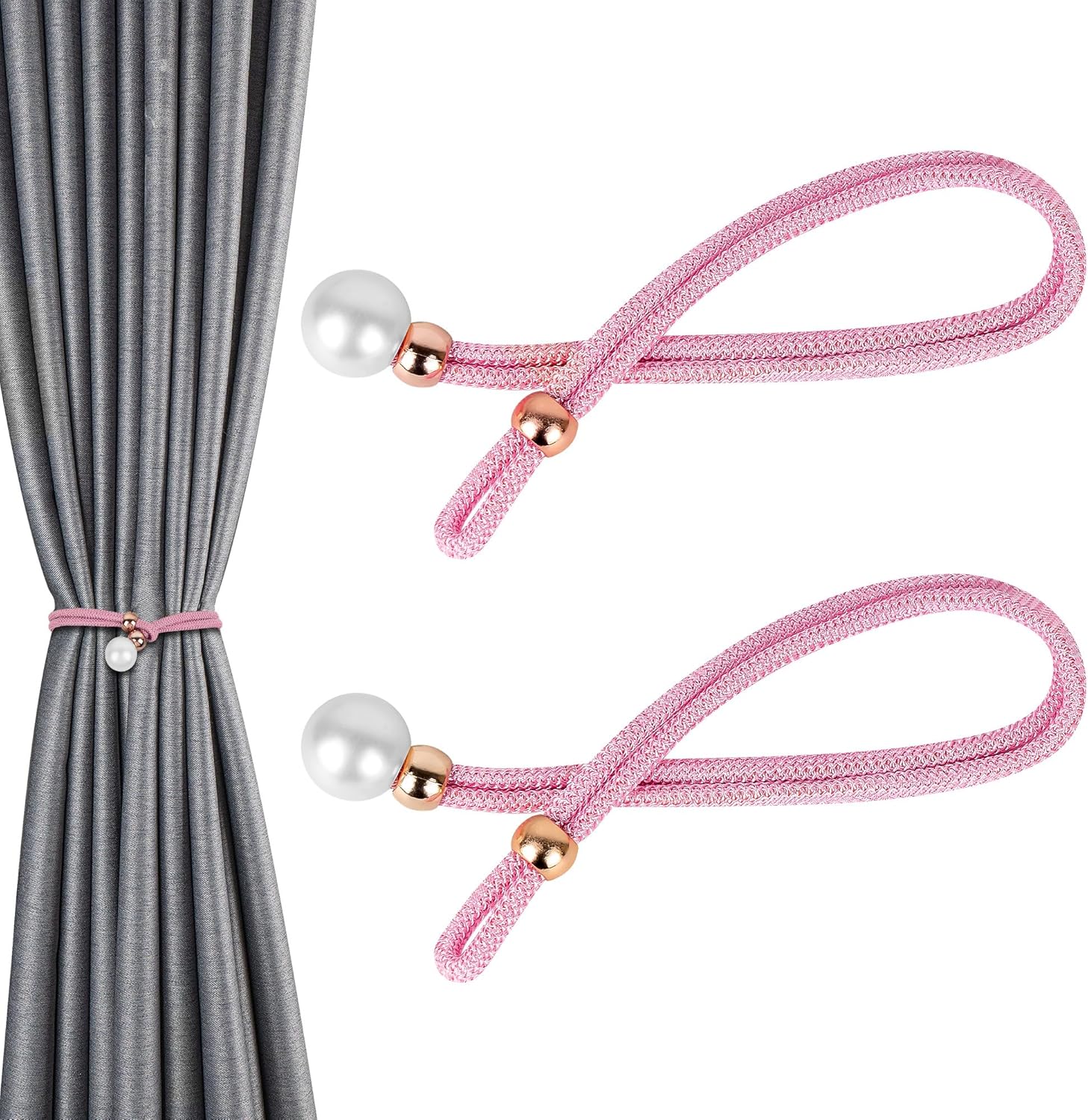 2 Pack Pink Adjustable Curtain Tiebacks with Large Imitation Pearls