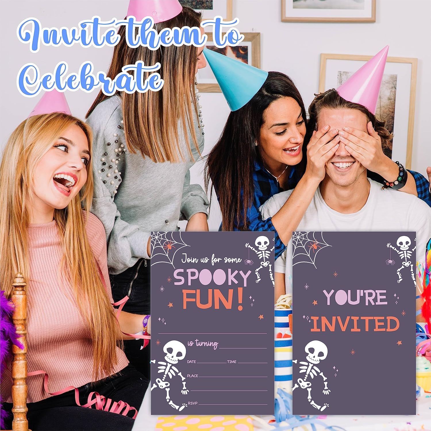Halloween Birthday Invites with Skull and Cobweb Design